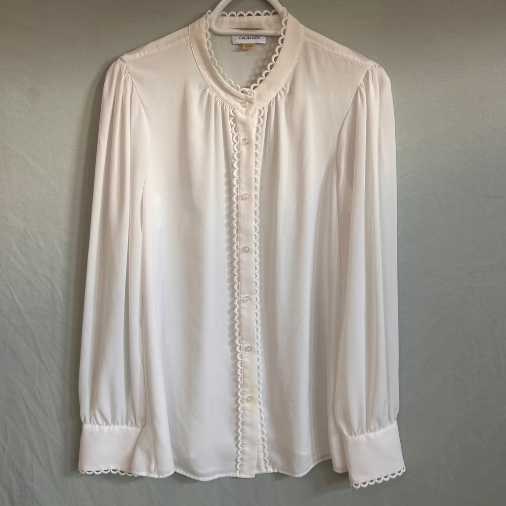 Calvin Klein Officecore Professional Womens White Scalloped Blouse Size Medium